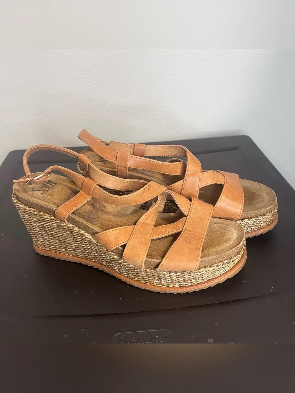 Sofft Devyn Leather Woven Wedge Open Toe Sandals 11 Shoes Tan
